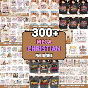 Puede incluir: Una colección digital de más de 300 diseños gráficos de temática cristiana que incluyen varias citas religiosas, ilustraciones florales, lazos y cruces. El paquete incluye múltiples archivos PNG mostrados en formato de cuadrícula.
