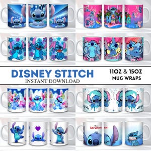 May include: Collection of white ceramic mugs featuring various designs of the Disney character Stitch. The mugs showcase Stitch in different poses and settings, with vibrant colors and floral and space-themed backgrounds. Text on the mugs includes "Disney Stitch" and "Ohana".