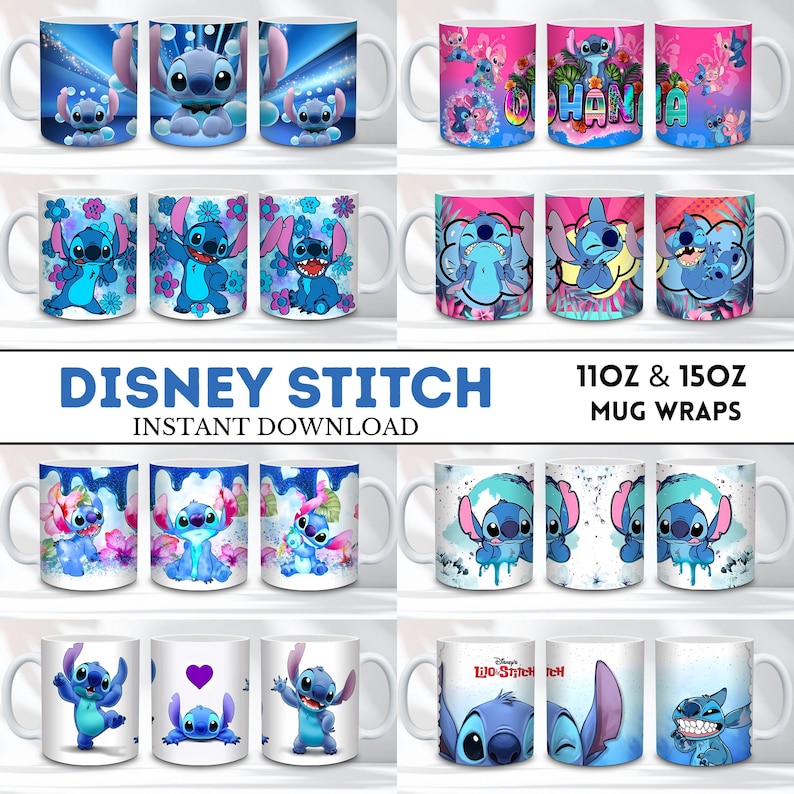 May include: Collection of white ceramic mugs featuring various designs of the Disney character Stitch. The mugs showcase Stitch in different poses and settings, with vibrant colors and floral and space-themed backgrounds. Text on the mugs includes "Disney Stitch" and "Ohana".
