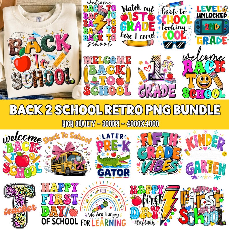 5000+ Back To School PNG Bundle: Preschool School First Day Preppy School sublimation Pre-K 1st-4th Grade, Strip school Png Digital Download image 5