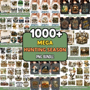 Könnte beinhalten: Eine digitale Sammlung von über 1000 Grafikdesigns zum Thema Jagd mit Hirschen, Enten, Jagdhunden und Outdoor-Szenen. Die Bilder enthalten verschiedene Schriftzüge wie Hunting Season, Dad und Mama in einer Rasteranordnung.