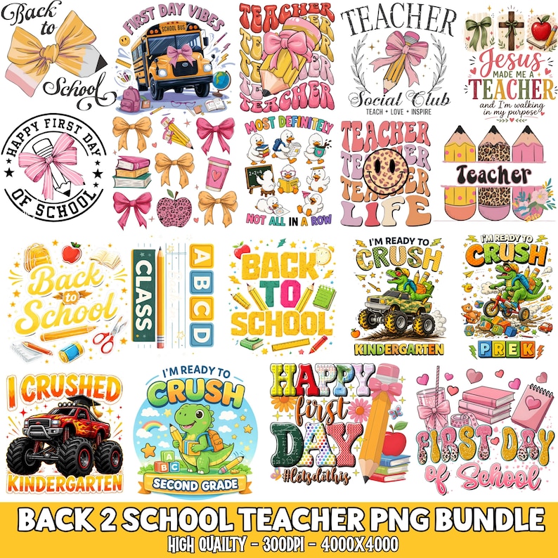 5000+ Back To School PNG Bundle: Preschool School First Day Preppy School sublimation Pre-K 1st-4th Grade, Strip school Png Digital Download image 7