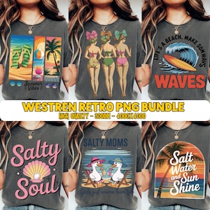 May include: A collection of six gray t-shirts with beach-themed designs. The designs include flip-flops, palm trees, women in swimsuits, a surfboard, a seashell, and ducks on beach chairs. Text includes "Summer Vibes", "Waves", "Salty Soul", "Salty Moms", and "Salt Water and Sun Shine".
