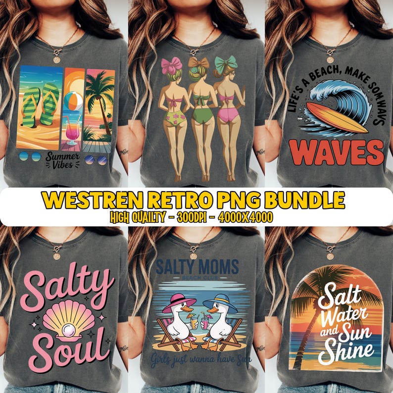 May include: A collection of six gray t-shirts with beach-themed designs. The designs include flip-flops, palm trees, women in swimsuits, a surfboard, a seashell, and ducks on beach chairs. Text includes "Summer Vibes", "Waves", "Salty Soul", "Salty Moms", and "Salt Water and Sun Shine".