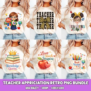 May include: A collection of cream-colored t-shirts with various teacher-themed graphics. Designs include a teacher with books, the word "Teacher" with a leopard print bow, and the text "Love Teach Inspire" with an apple. The text "Teacher Appreciation Retro PNG Bundle" is at the bottom.