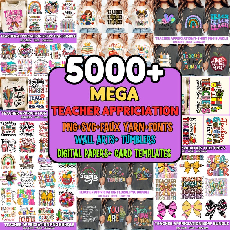 5000+ Teacher png bundle school holiday teacher appreciation retro boho teach love inspire back to school rainbow teacher life sublimation image 1