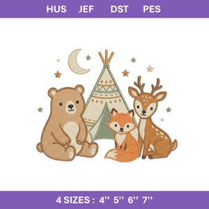 May include: An embroidered design featuring a bear, fox, and deer with a teepee and crescent moon. The design includes stars and is available in 4 sizes: 4", 5", 6", and 7".
