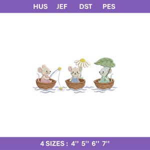 Mice Walnut Boat Embroidery File Three Little Mice Fishing Rowing Woodland Animal River Design Machine Embroidery Pattern Gift