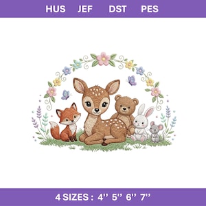 May include: An embroidered design featuring a deer, fox, bear, rabbit, and mouse. The animals are surrounded by a floral arch with butterflies. The design is available in 4 sizes: 10cm, 13cm, 15cm, and 18cm.