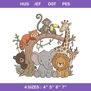 May include: An embroidered design featuring a collection of cartoon animals, including a giraffe, lion, elephant, and monkey. The design includes the text "4 SIZES: 4" 5" 6" 7"" at the bottom. The animals are set against a tree branch.