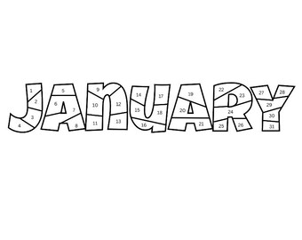 May include: A black and white graphic of the word "JANUARY" with each letter segmented into numbered sections, from 1 to 31. The design is simple and suitable for coloring or use as a calendar.