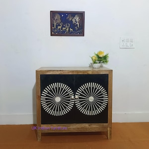 Handmade Bone Inlay and Mango Wood 2 Door Cabinet | Handmade Storage Sideboard | Modern Black & White Inlay Furniture, Bone inlay Furniture