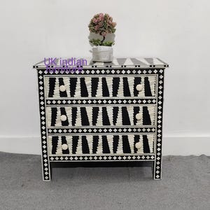 Handmade Black Bone Inlay Cabinet: Geometric 3-Drawer Dresser,
