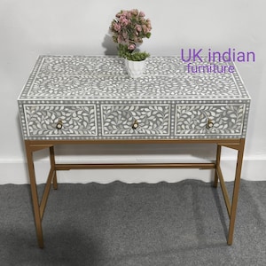 Handmade bone inlay 3 Drawer console table, bone inlay table, living room furniture, bone inlay furniture, Grey & white console table,