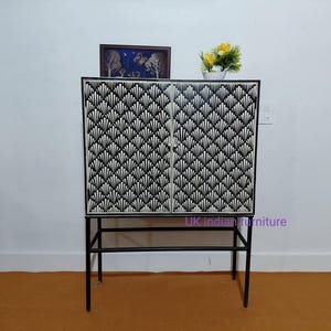 Handmade Bone Inlay Bar Cabinet | Black & White Art Deco Storage | Indian Sideboard Furniture | Iron Legs Cabinet for Living Room,