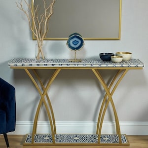 Handcrafted Blue Bone Inlay Console Table Floral Design with Brass Base
