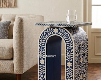 Handcrafted Bone Inlay U Side Table, Blue Floral Accent, Decorative Living Room End Table