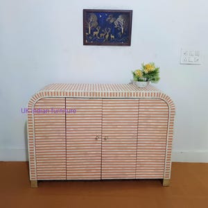 Handmade Bone Inlay 2 Door U Cabinet Orange | Handmade Indian Storage Sideboard | Unique Inlay Furniture | Modern Buffet Cabinet