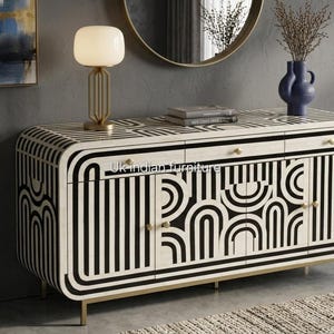 Handcrafted Bone Inlay Buffet Cabinet, Black White Geometric Sideboard, Brass Knobs Storage Furniture