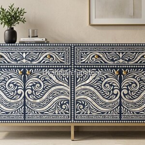 Handcrafted Blue Mother of Pearl Inlay Sideboard Cabinet, Floral Buffet Brass Knobs Gold Base