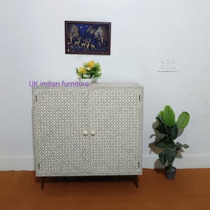 Handmade 2 Door cabinet, bone inlay living room chest, bone inlay buffet, living room furniture, bone inlay furniture, boho decor cabinet