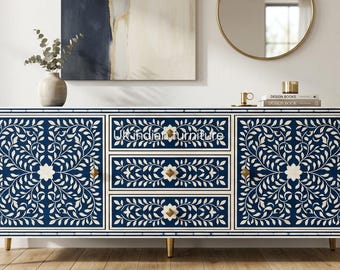 Handcrafted Blue Bone Inlay Media Cabinet, 3 Drawer Sideboard with Brass Legs