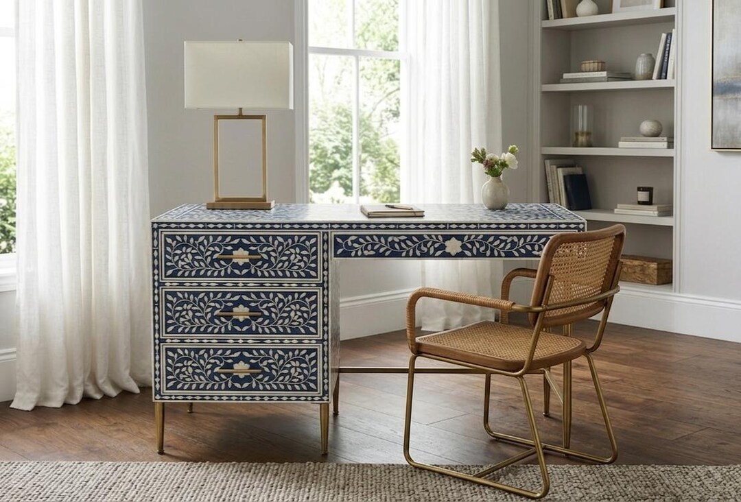 Handcrafted Blue Bone Inlay Desk 4 Drawer Floral Design With Brass Legs ...