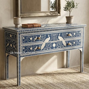 Blue Bone Inlay Console Table 4 Drawer White Floral Handmade Entryway Furniture