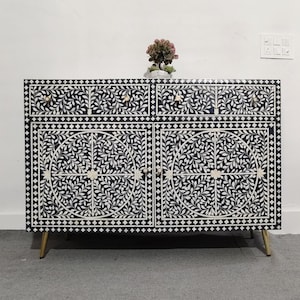 Handmade Bone Inlay 2 Drawer 2 Door Cabinet Handmade Floral Storage Sideboard - Blue & White Decorative Furniture, Bone Inlay Furniture