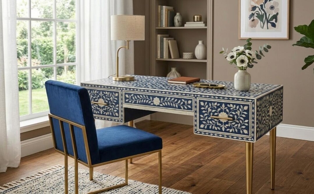 Blue Bone Inlay Desk 3 Drawer, Handmade Floral Writing Table With Brass ...