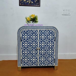 Handmade 2 Door cabinet chest, bone inlay furniture, bone inlay buffet, living room furniture, bone inlay furniture, blue & white cabinet