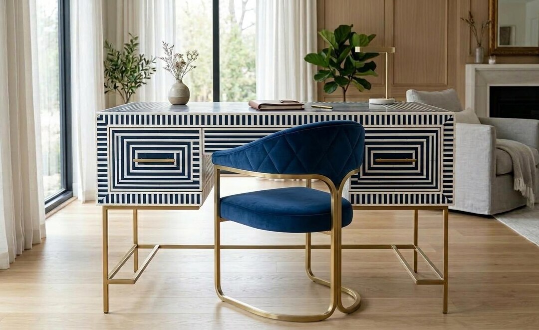 Handcrafted Blue Bone Inlay Desk 3 Drawer Geometric Design With Brass ...