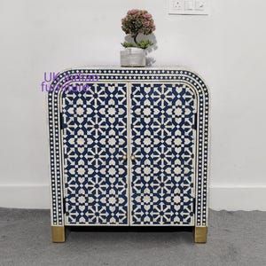 Handmade Bone Inlay 2 Door Cabinet -Blue & White Floral Geometric Storage Sideboard with Brass Legs, Bone inlay furniture