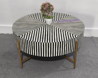 Handmade Bone Inlay Coffee Table: Black & White Round Living Room Furniture