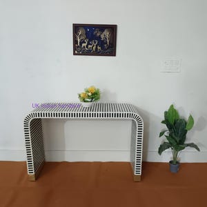 Handmade bone inlay console table, bone inlay table, living room furniture, bone inlay furniture, black & white console table,