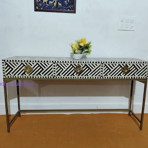 Handmade bone inlay 3 Drawer console table, bone inlay table, living room furniture, bone inlay furniture, black & white console table,