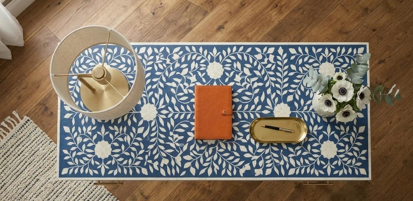 Blue Bone Inlay Desk 3 Drawer, Handmade Floral Writing Table With Brass ...