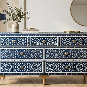 Handcrafted Bone Inlay 7 Drawer Dresser, Blue & White Floral Chest of Drawers with Brass Knobs  Brass Legs