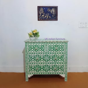 Handmade Bone Inlay Sideboard: Green Floral Boho Dresser Cabinet