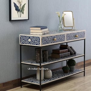 Handcrafted Blue Bone Inlay Console Table: 2 Drawers, Floral Design, Metal Frame