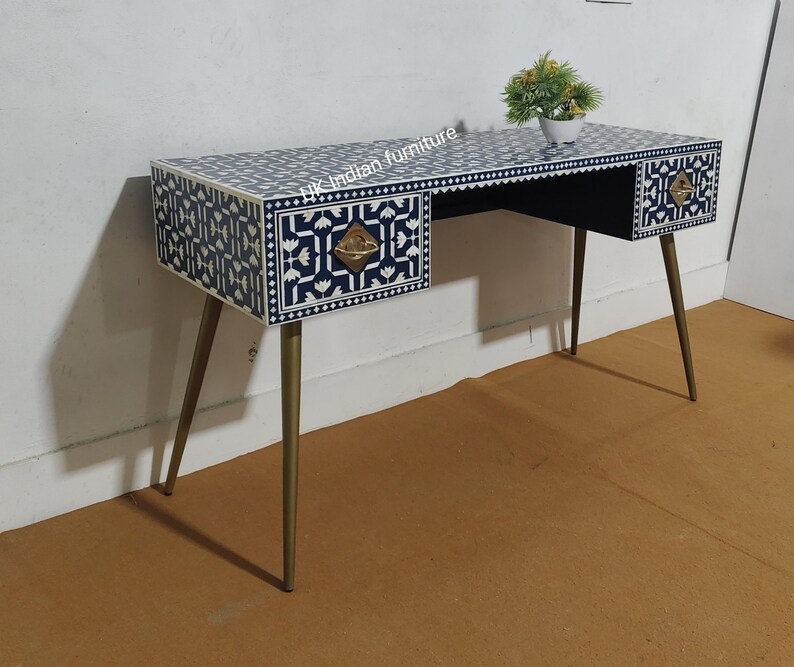 New Handmade Bone Inlay Desk - Blue Geometric Study Table - Etsy