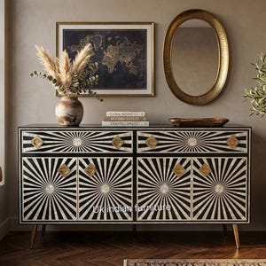 Handcrafted Black Mother of Pearl Inlay Sideboard Cabinet, Floral Buffet Brass Knobs Gold Base