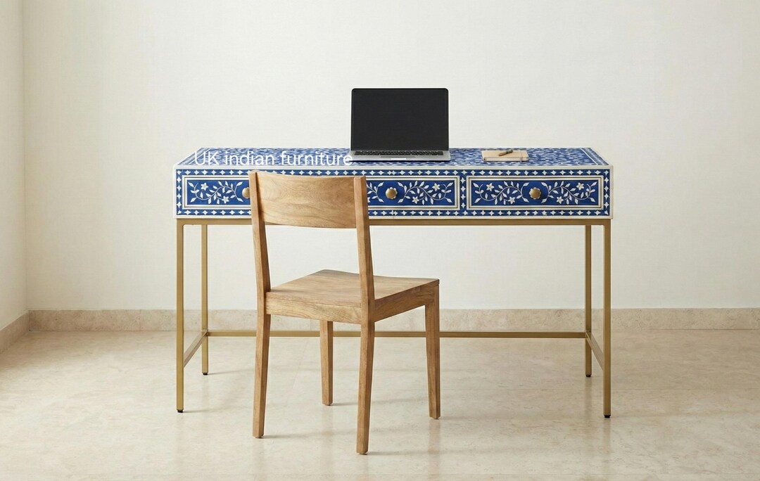 Blue Bone Inlay 3 Drawer Work Desk White Floral Handmade Office Table ...
