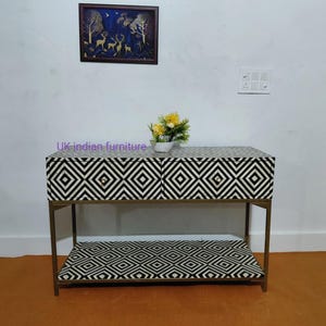 Handmade bone inlay 2 Drawer console table, bone inlay table, living room furniture, bone inlay furniture, black & white console table,