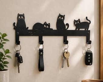 Custom Metal Cat Key Holder Wall Mount | Decorative Kitty Coat Rack, Paw Print Key Hanger & Entryway Wall Decor