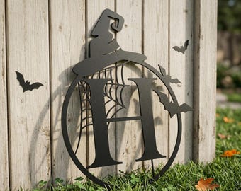 Custom Halloween Metal Sign | Personalized Family Name Spider Web Decor | Pumpkin Wreath Wall Art | Spooky Outdoor Monogram | Haunted House