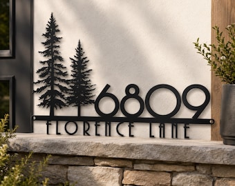 Custom Metal Pine Tree House Address Sign | Laser Cut House Number Plaque, Outdoor Metal Address Sign for Home