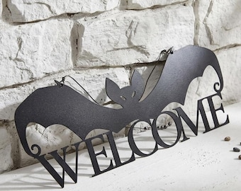 Custom Bat Metal Wall Art | Personalized Halloween Address Sign & Spooky Welcome Decor | Gothic Home Outdoor Name Plate,Bat Wing Door Hanger