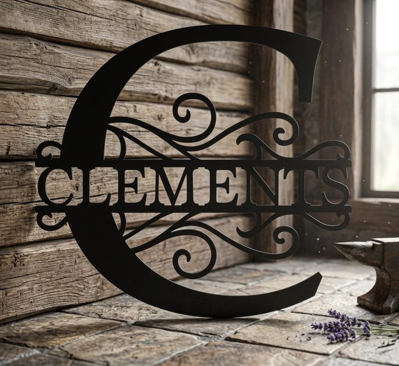 May include: Black metal sign in the shape of the letter "C" with the name "CLEMENTS" cut out in the center. The sign has decorative scrollwork and is displayed against a rustic wooden background.
