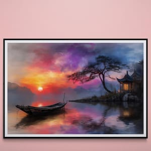 Tranquil Oriental Landscape Wall Art ,Digital Sunset Print with Boat and Pagoda, Serene Zen Decor, Printable Asian Art, Instant download art